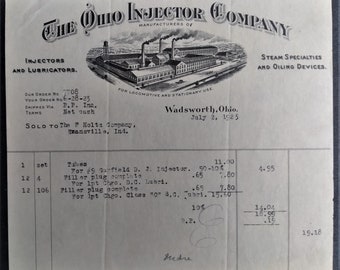 Indiana Vintage 1923 Receipt from The Ohio Injector Company Evansville