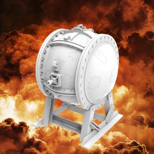 May include: A white, spherical, metal object with a complex design and a stand. The object is set against a backdrop of orange and white clouds.