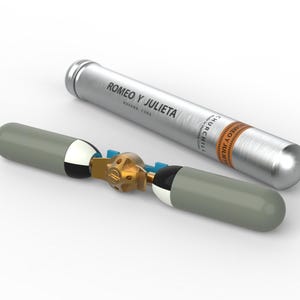 May include: Two silver cigar tubes with the text "ROMEO Y JULIETA" and "CHURCHILL" on a white background. One tube is open, revealing a gold and blue mechanism. The cigars are a luxury item.