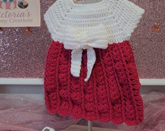 Handmade Crochet Baby Dress Set | Raspberry & White | 3–6 Months