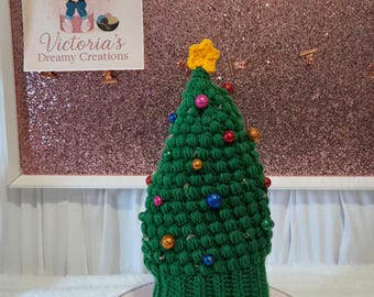Light-Up Crochet Christmas Tree Hat – Festive Holiday Beanie with Built-In Lights & Star Topper