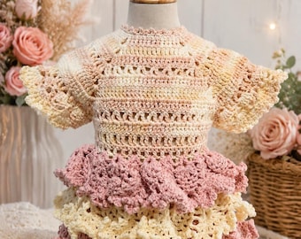 Handmade Crochet Ruffle Baby Dress with Matching Bow Pink Toddler Dress 12-18 Month Baby Girl Outfit Boutique Crochet Clothing Ready to Ship