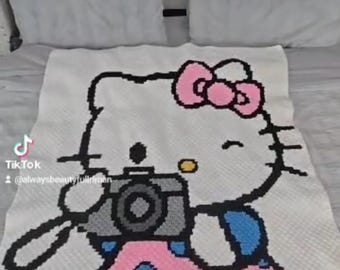 Hello Kitty Crochet Blanket – Handmade C2C Throw, Camera Design