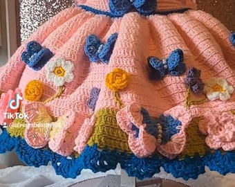 Handmade Pink Crochet Dress with Butterflies & Flowers