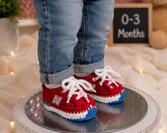 Handmade Crochet Baby Tennis Shoes 0-3 Months Red New Balance Inspired Baby Booties Unisex Baby Sneakers Baby Shower Gift | Ready to Ship