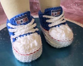 Handmade Crochet Baby Converse Inspired Sneakers | Blue Baby Booties 0-3 Months | Unisex Baby Shoes | Newborn Gift | Ready to Ship