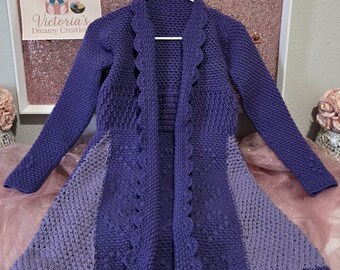 Handmade Crochet Girls Coat | Purple Heart Detail | Size 8–10