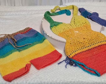 Rainbow Crochet Toddler Set – Monokini Swimsuit, Boy Shorts & Bow Headband (2–3 Years)