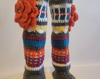 Cozy Kids Crochet Slipper Socks with Hard Soles – Rainbow Fiesta Knee-Highs (Size 12-13)