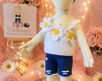 Crochet Baby Girl Daisy Outfit | Handmade 0-3 Month Set | Crochet Top Shorts Sandals & Headband | Baby Shower Gift | Summer Baby Outfit