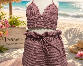 Handmade Crochet Pink Outfit for Girls Crochet Top Shorts & Headband Set Size 6-8 Years Beach Outfit | Summer Boho Clothing | Ready to Ship