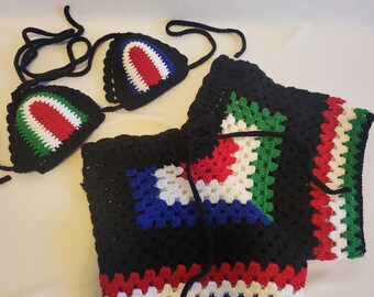 Amexicana Crochet Bikini Top & Shorts Set USA and Mexico Flag Inspired Women’s S/M