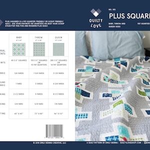 May include: A quilting pattern called "Plus Squared" for a fat quarter quilt. The pattern includes instructions for baby, throw, and queen sizes. The image shows a quilt made with the pattern, featuring a gray background with blue, green, and white squares.