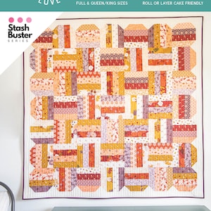 Może przedstawiać: Kolorowa kołdra z falistym brzegiem, z patchworkowym wzorem w odcieniach pomarańczu, żółci i fioletu. Kołdra oznaczona jest jako "Happy Scallops" i nadaje się do rozmiarów dla niemowląt, narzut, podwójnych, pełnych i queen/king. Wzór autorstwa Emily Dennis.