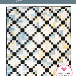 May include: A quilt pattern titled "Scrappy Gems" by Quilty Love. The quilt design features a geometric pattern with black squares and rectangles, along with light blue, yellow, and white fabric pieces. The pattern is suitable for baby, throw, full, and queen sizes.