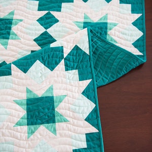 May include: A teal and white quilted table runner with a star pattern. The runner is folded in half and is lying on a wooden surface.