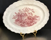 Antique Ironstone Transferware Platter Oval Red Castle Scene No Country Origin Scalloped Edge White Victorian Style Made Staffordshire
