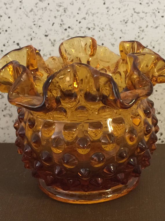 Fenton Hobnail Votive Vase Amber Glass Ruffle Edge Vintage Etsy