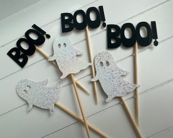 12x Halloween Cake Toppers, Ghosts, Boo, Cupcake Toppers, Spooky