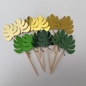 Safari Leaves Cupcake Toppers, Jungle Leaf Cupcake Toppers, Card Toppers, Baby Shower  12 pack.