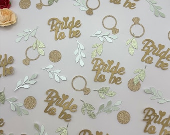 Green & Gold Bridal Confetti, Rings, Leaves, Bride to Be