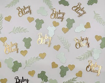 Personalized Baby Shower Confetti: Green, Gold, Botanical Table Decor