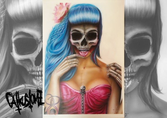 Skull Face Pinup Blue Hair Tattoo Etsy