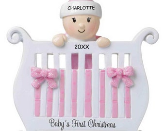Personalized Baby in a Crib First Christmas Ornament - Pink