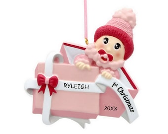 Personalized Baby Girl in Present First Christmas Ornament - Light Skin Tone
