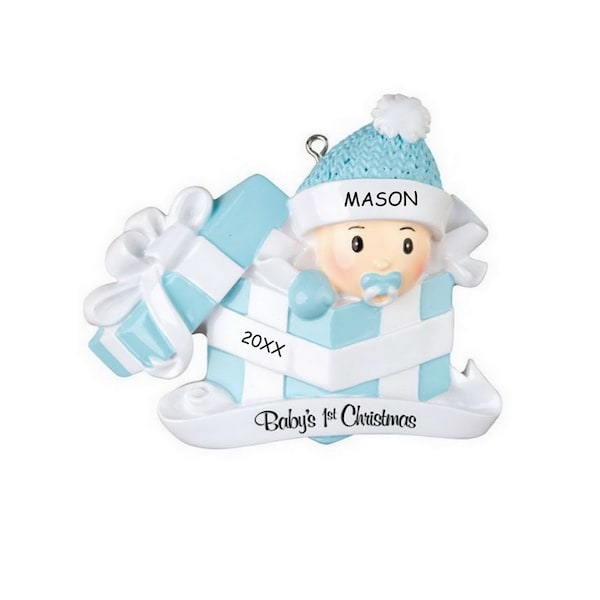 Personalized Baby in Present First Christmas Ornament - Blue