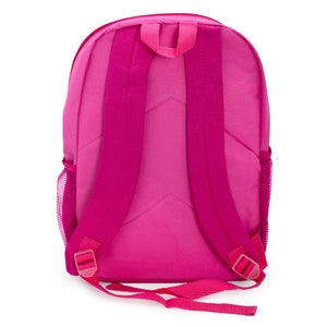 May include: A pink backpack with adjustable straps and a mesh side pocket.