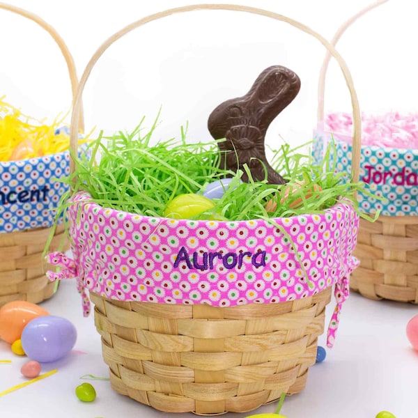 Personalized Classic Wicker Woodchip Easter Basket with Colorful Dots Liner - Pink