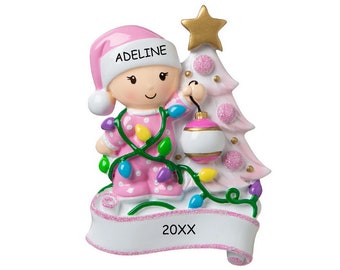 Personalized Baby Decorating Tree Christmas Ornament - Pink
