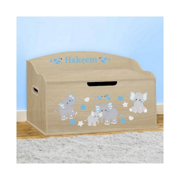 Personalized Dibsies Creative Wonders Blue Elephants Toy Box - Natural