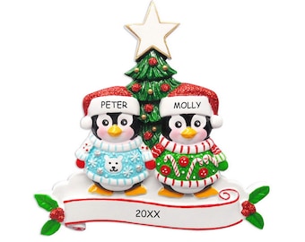 Personalized Penguin Ugly Sweater Couples Christmas Ornament
