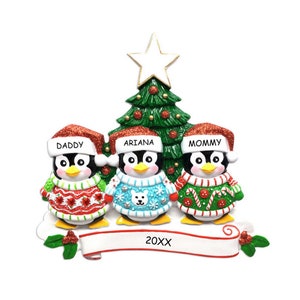 Personalized Penguin Ugly Sweater Christmas Ornament - Family of 3