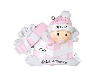 Personalized Baby in Present First Christmas Ornament - Pink