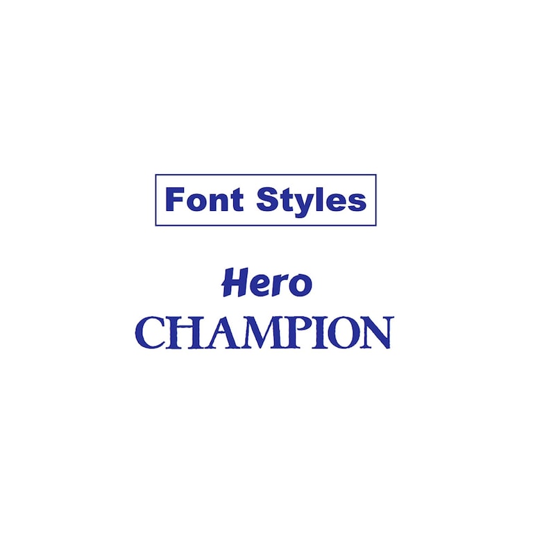 May include: A graphic design showing the text "Font Styles" in a blue rectangle, the word "Hero" in a blue cursive font, and the word "CHAMPION" in a blue sans-serif font.