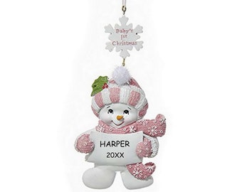 Personalized Baby's 1st Christmas Snowman Ornament - Pink