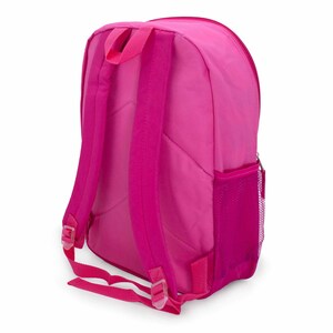 May include: A pink backpack with a mesh pocket on the side. The backpack has adjustable straps and a zipper closure.