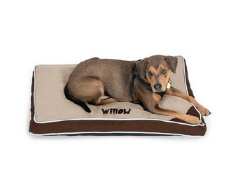 Personalized Pet Bed - Tan & Brown with Seafoam Piping