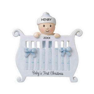 Personalized Baby in a Crib First Christmas Ornament - Blue