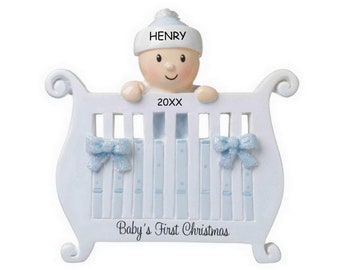 Personalized Baby in a Crib First Christmas Ornament - Blue