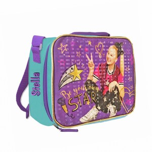 May include: Purple lunch bag with a teal trim and a shoulder strap. The bag features a graphic of a girl with a peace sign and the text "Be your own STAR". The strap has the word "Stella" embroidered on it.