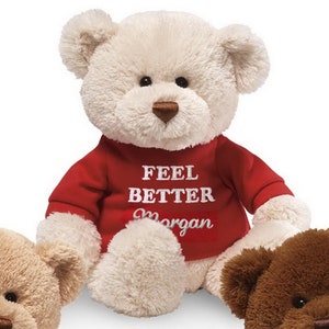 May include: White plush teddy bear wearing a red shirt with the text "Feel Better Morgan" embroidered on it.