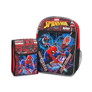 Personalized Spider Superhero Backpack, Lunch Bag, Carabiner Clip, and Character Keychain