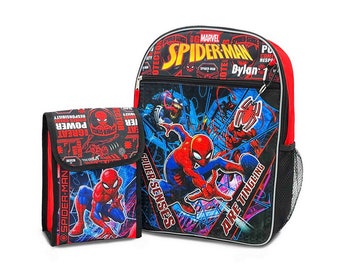 Personalized Spider Superhero Backpack, Lunch Bag, Carabiner Clip, and Character Keychain