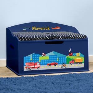 Personalized Creative Wonders Cars, Trucks, Planes, and Trains Toy Box - Blue