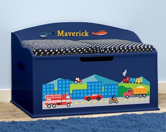 Personalized Creative Wonders Cars, Trucks, Planes, and Trains Toy Box - Blue