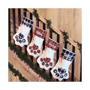 Personalized Plaid Pet Paw Christmas Stocking - Dog